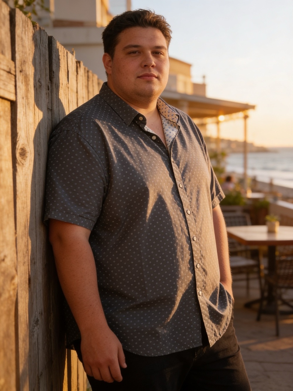 Casual Short-Sleeve Button-Down Shirt in Charcoal with Micro Dot Print